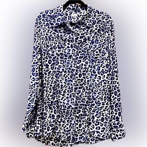 Rock 47 by Wrangler blouse, purple/white/black JAGUAR print, size XL, EUC